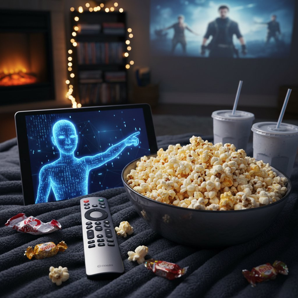 Cinematic close-up of popcorn, remote control, and softly glowing AI movie assistant on a cozy movie night