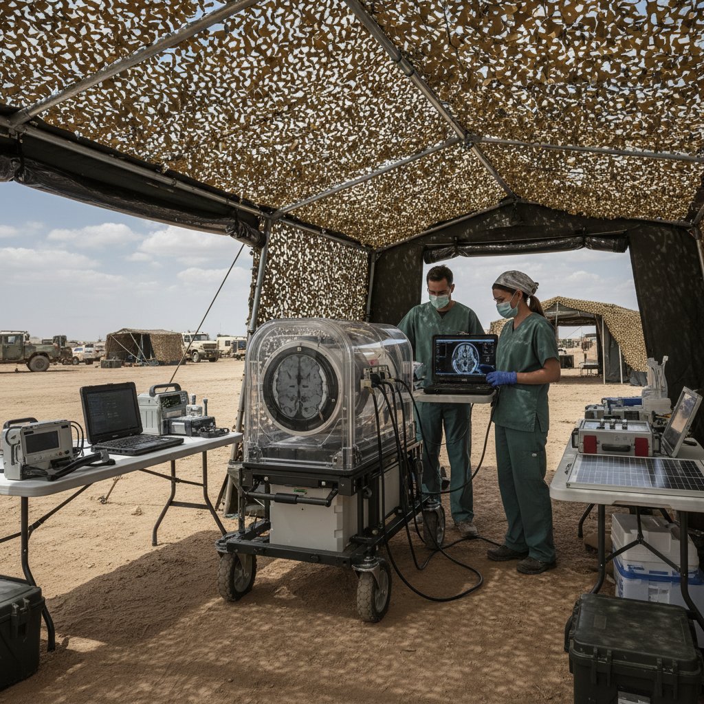 Przenośny rezonans MRI w terenie, prowizoryczna placówka, innowacyjna atmosfera