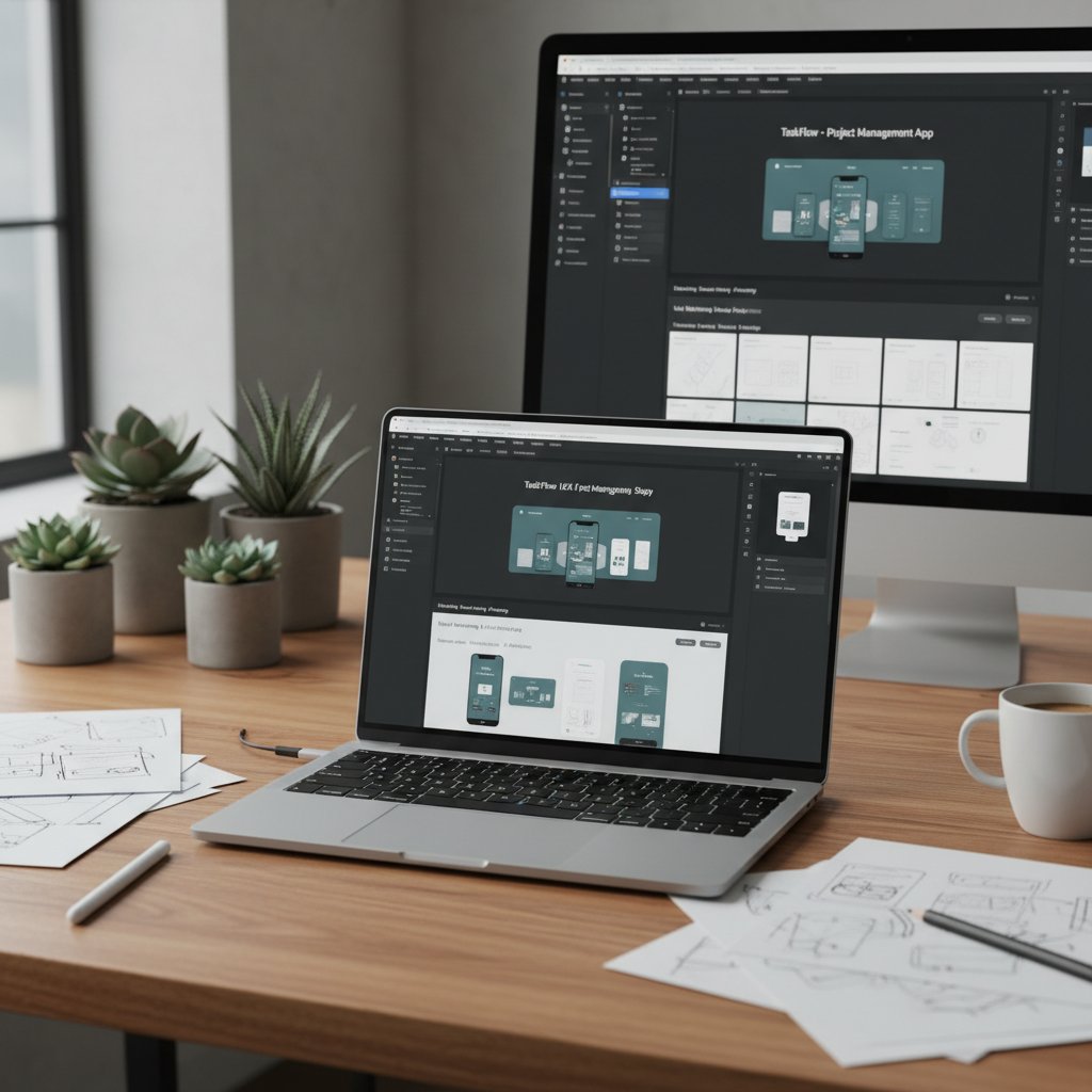Portfolio projektanta UX/UI na ekranie laptopa, dynamiczne prezentacje projektów w Figmie