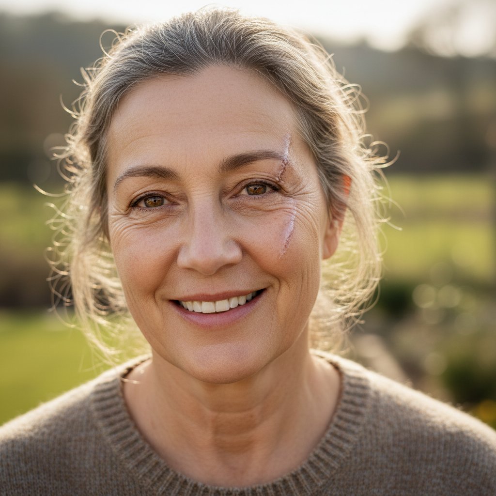 Portret dojrzałej kobiety z bliznami na twarzy, wyraz nadziei i odporności psychicznej po traumie rozwojowej