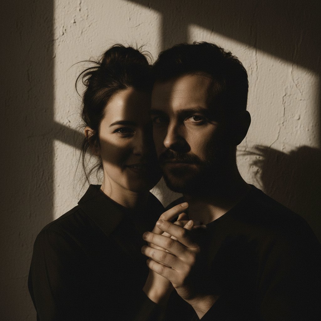 Dwoje ludzi oddzielonych cieniem – wizualizacja współuzależnienia, portret dwóch osób z cieniem między nimi, współuzależnienie, relacja, dystans