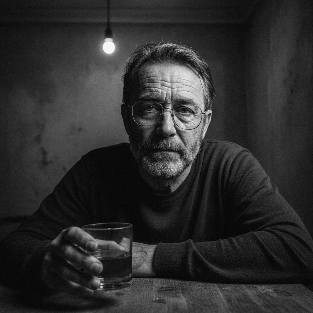 Zmęczony mężczyzna z oznakami zwiększonego spożycia alkoholu w ciemnym pokoju