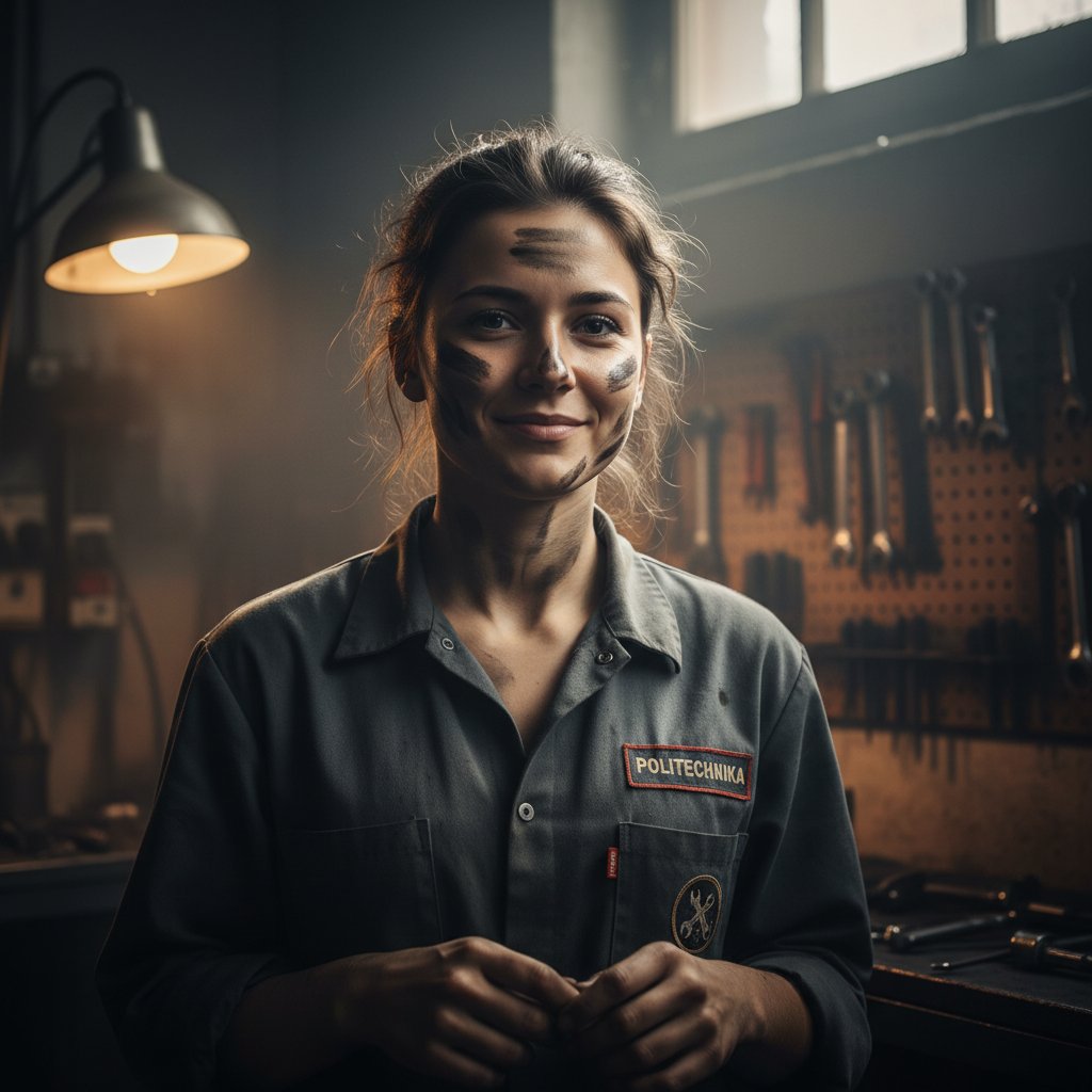 Sukces po egzaminie zawodowym mechanika – portret młodego mechanika z uśmiechem.