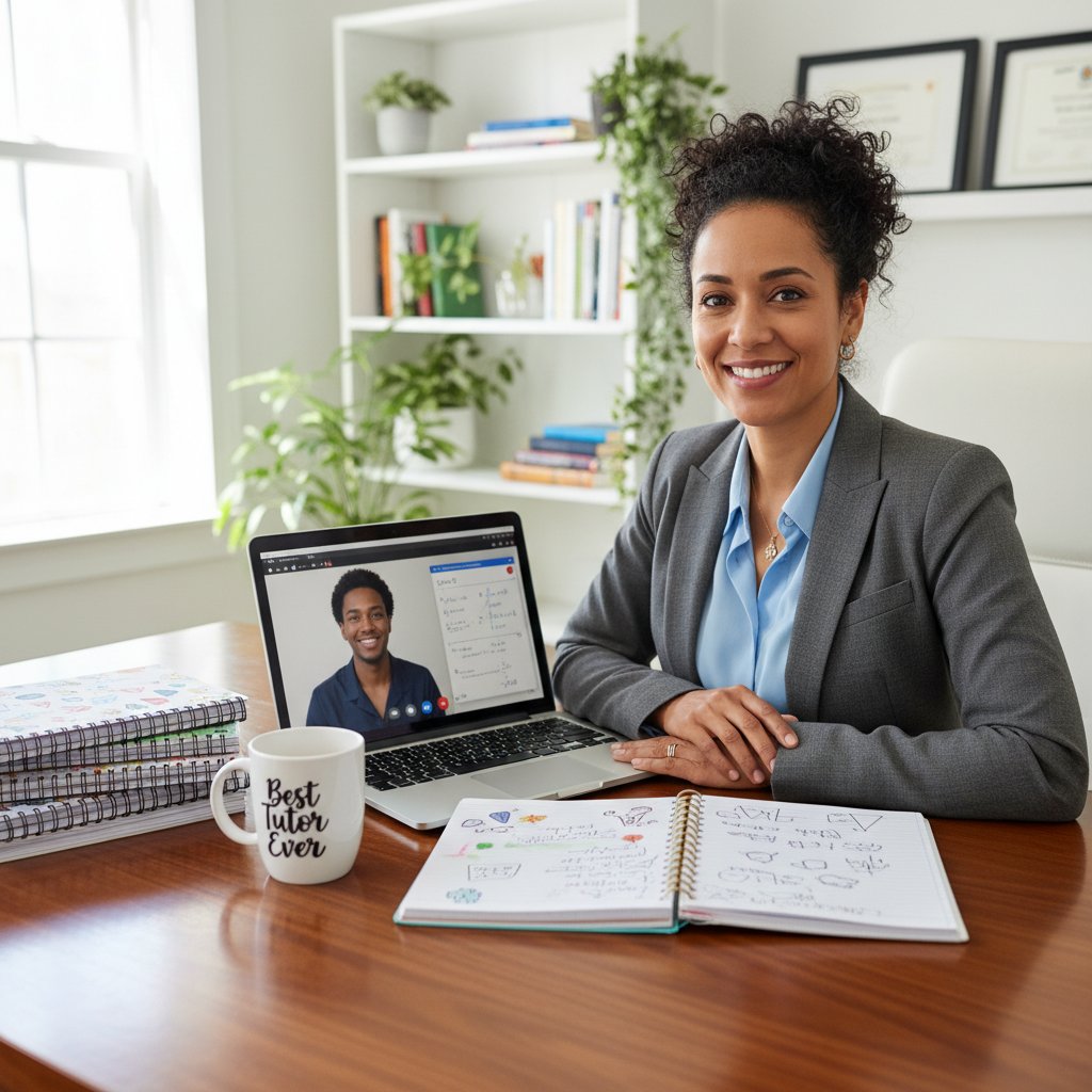 Portret korepetytora przy laptopie, na ekranie personalizowane notatki, pewny uśmiech, atmosfera profesjonalizmu