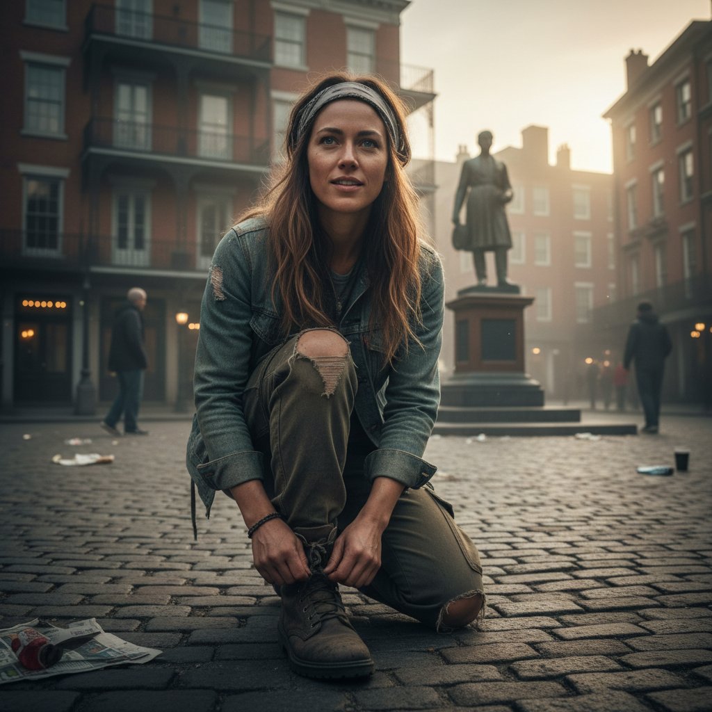 Ola wiąże buty na placu miejskim o poranku, motywacja i outdoor fitness