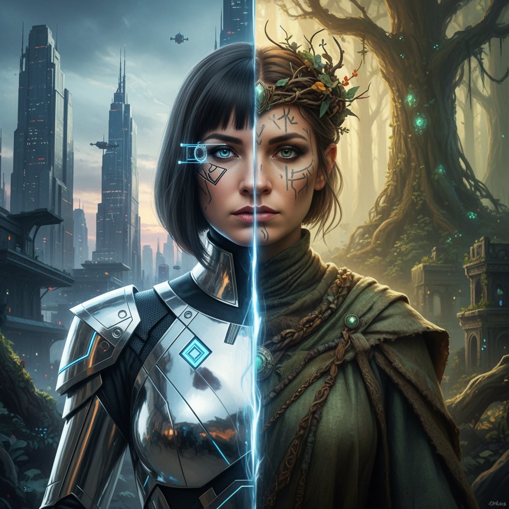 Portrait split in half, two versions of the same character, contrasting costumes and moods, symbolizing identity in movie parallel universe movies