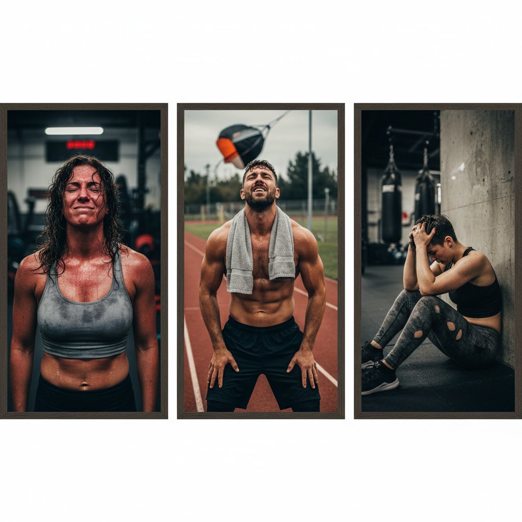 Trzy osoby po treningu HIIT — zmęczenie, satysfakcja, rozczarowanie