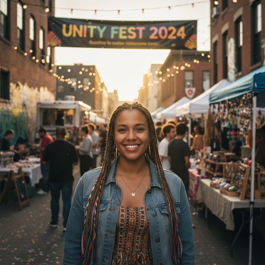 Młoda kobieta na miejskim wydarzeniu integracyjnym przełamuje izolację społeczną