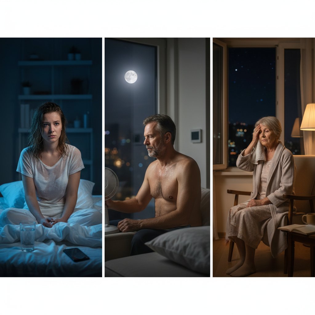 Portrety osób w różnym wieku i stylu życia, z widocznymi objawami nocnych potów