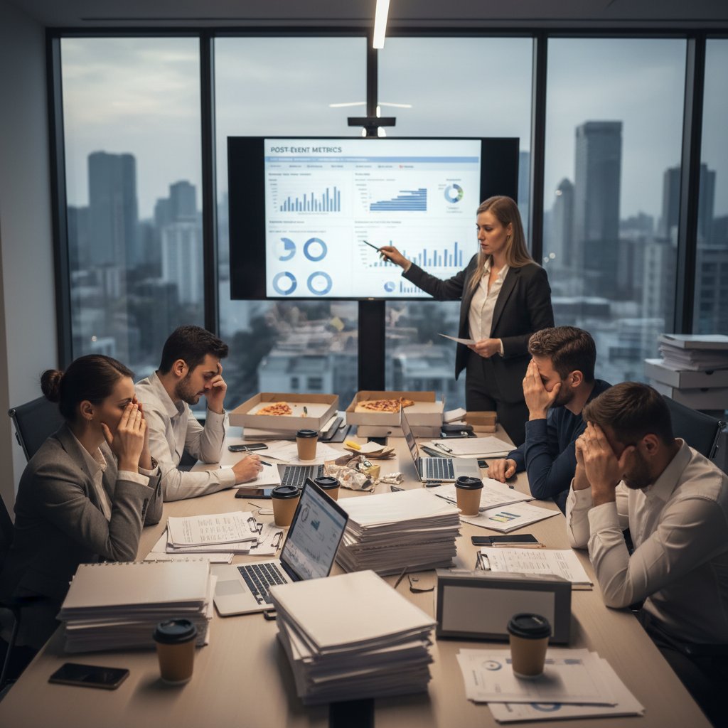 Zespół analizujący raporty po wydarzeniu, stres, zmęczenie, atmosfera analizy