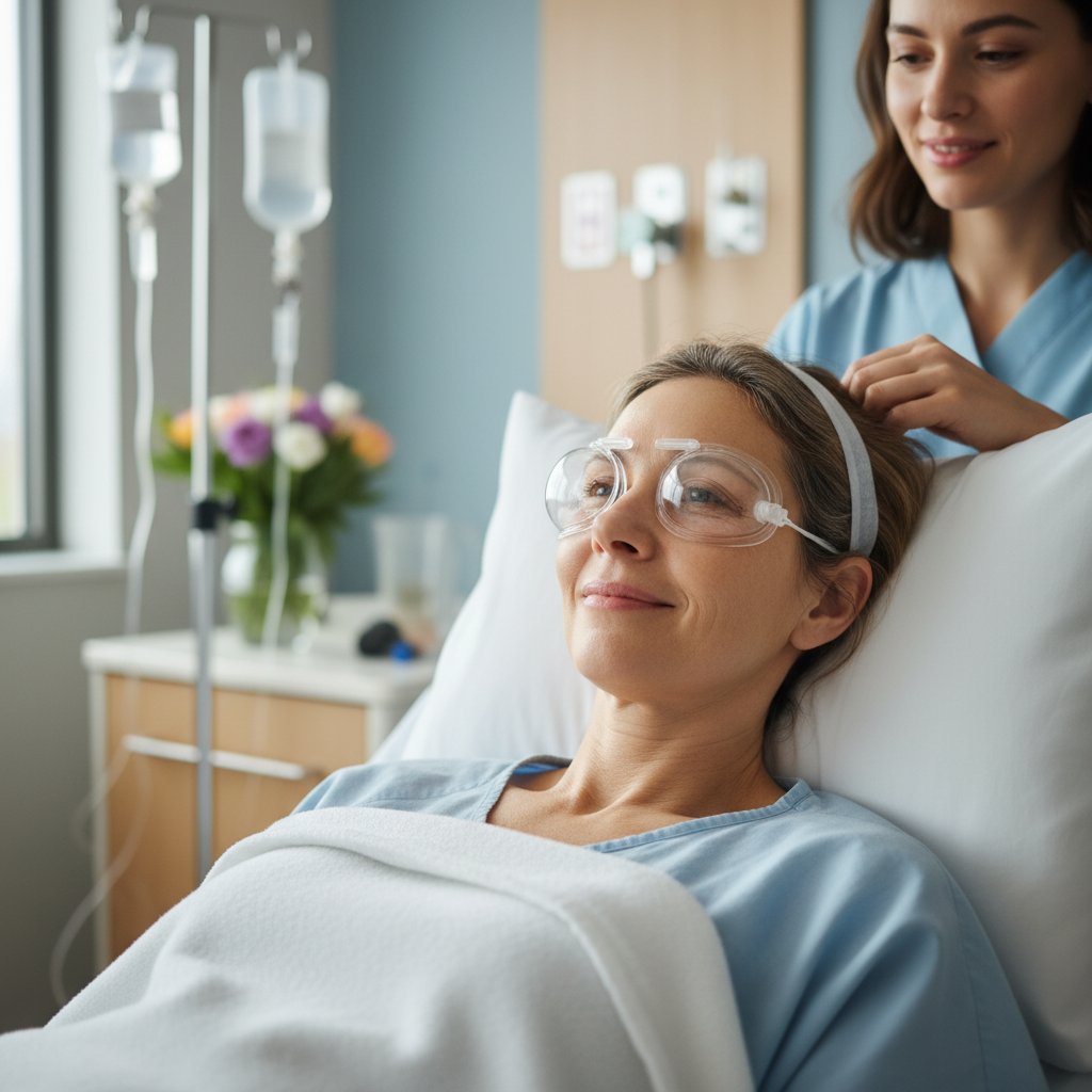 Pacjentka po operacji oka stosująca się do zaleceń pooperacyjnych