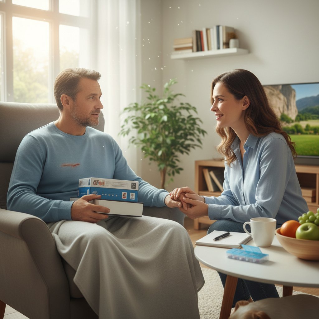 Pacjent na łóżku szpitalnym po operacji serca, emocje na twarzy, wsparcie personelu medycznego