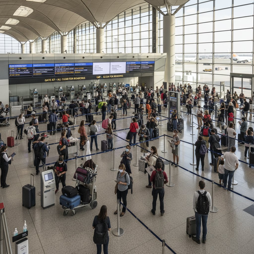 Tłum pasażerów na lotnisku po zniesieniu restrykcji covidowych, zamieszanie i kolejki