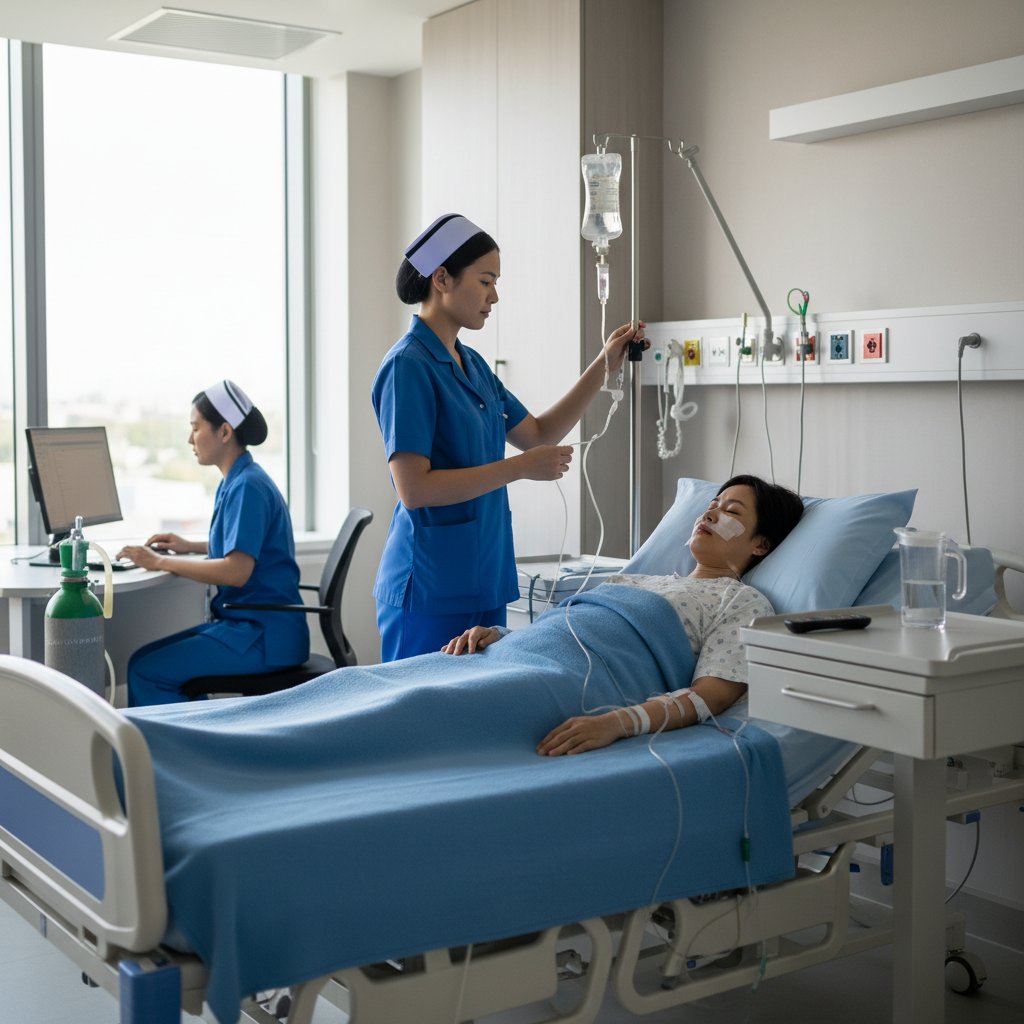 Pacjent w łóżku szpitalnym pod opieką personelu medycznego tuż po operacji; słowa kluczowe: opieka po zabiegu, rekonwalescencja po dyskektomii, szpital