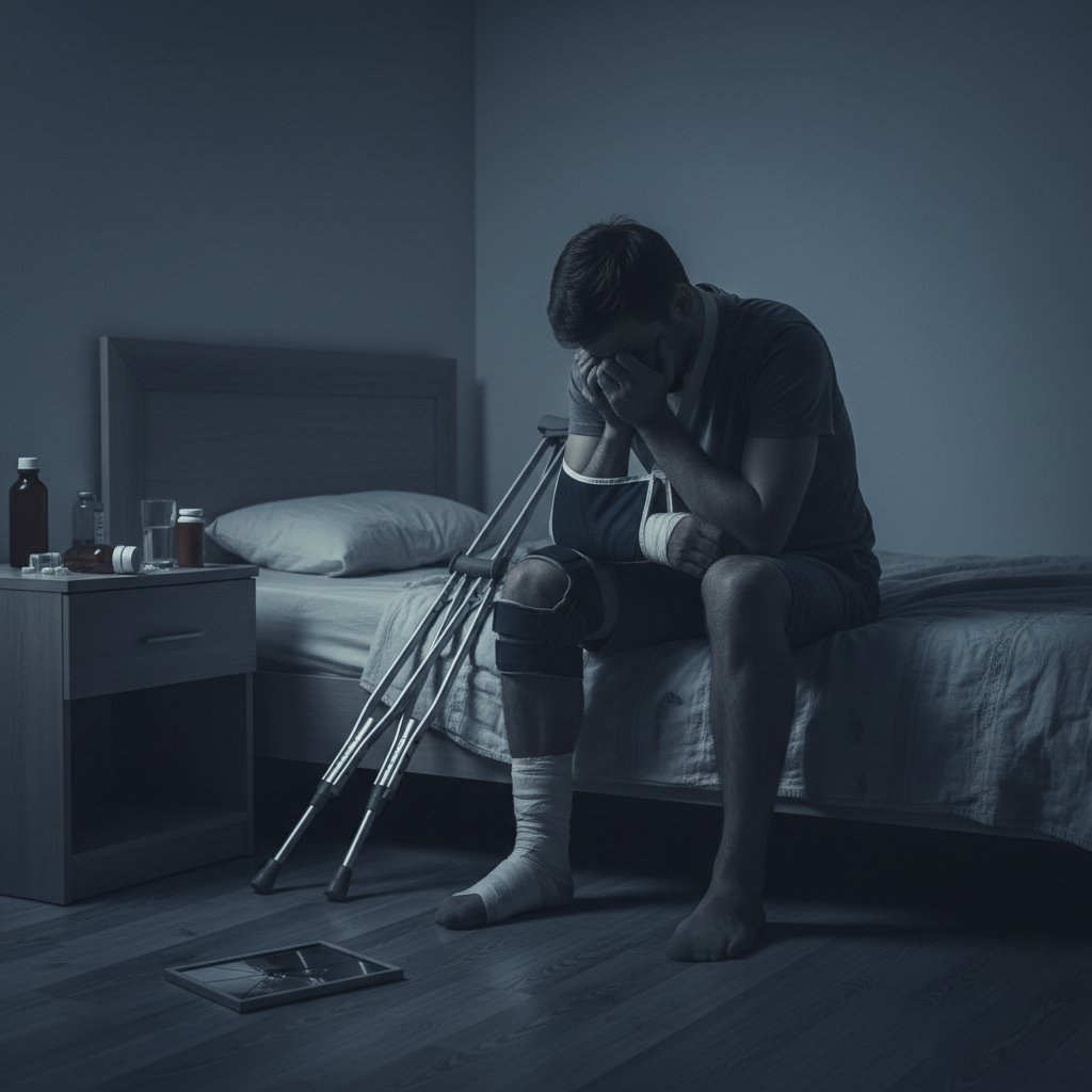 Osoba w depresji po wypadku, samotność, długofalowe skutki psychiczne urazu