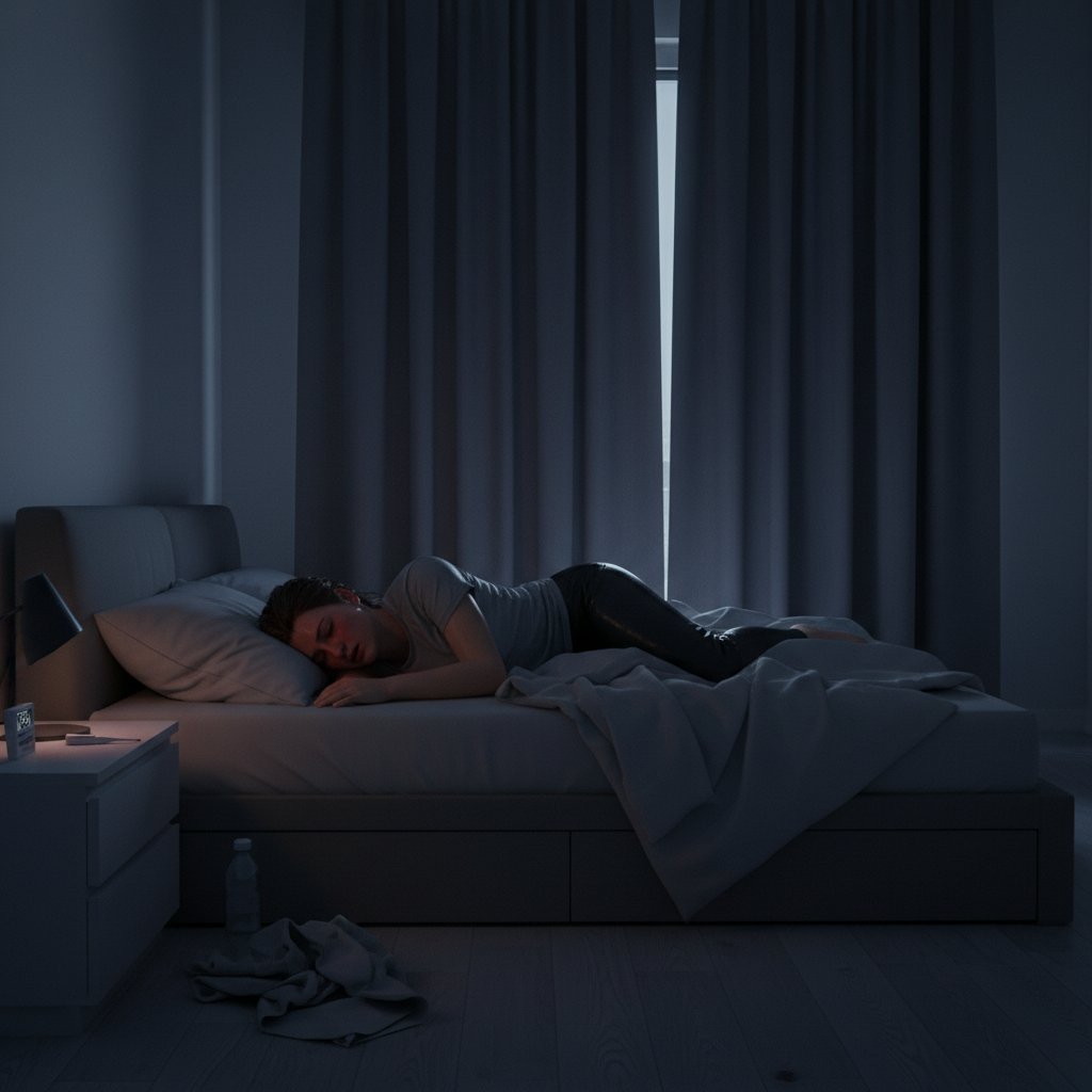 Zdjęcie osoby zmęczonej po treningu w ciemnym pokoju z termometrem