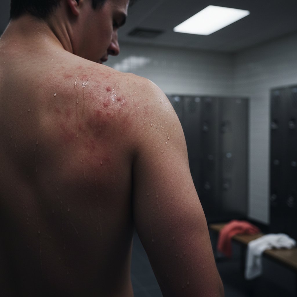 Osoba po treningu z widoczną wysypką potnicową na ramionach, atmosfera locker roomu, silne światło