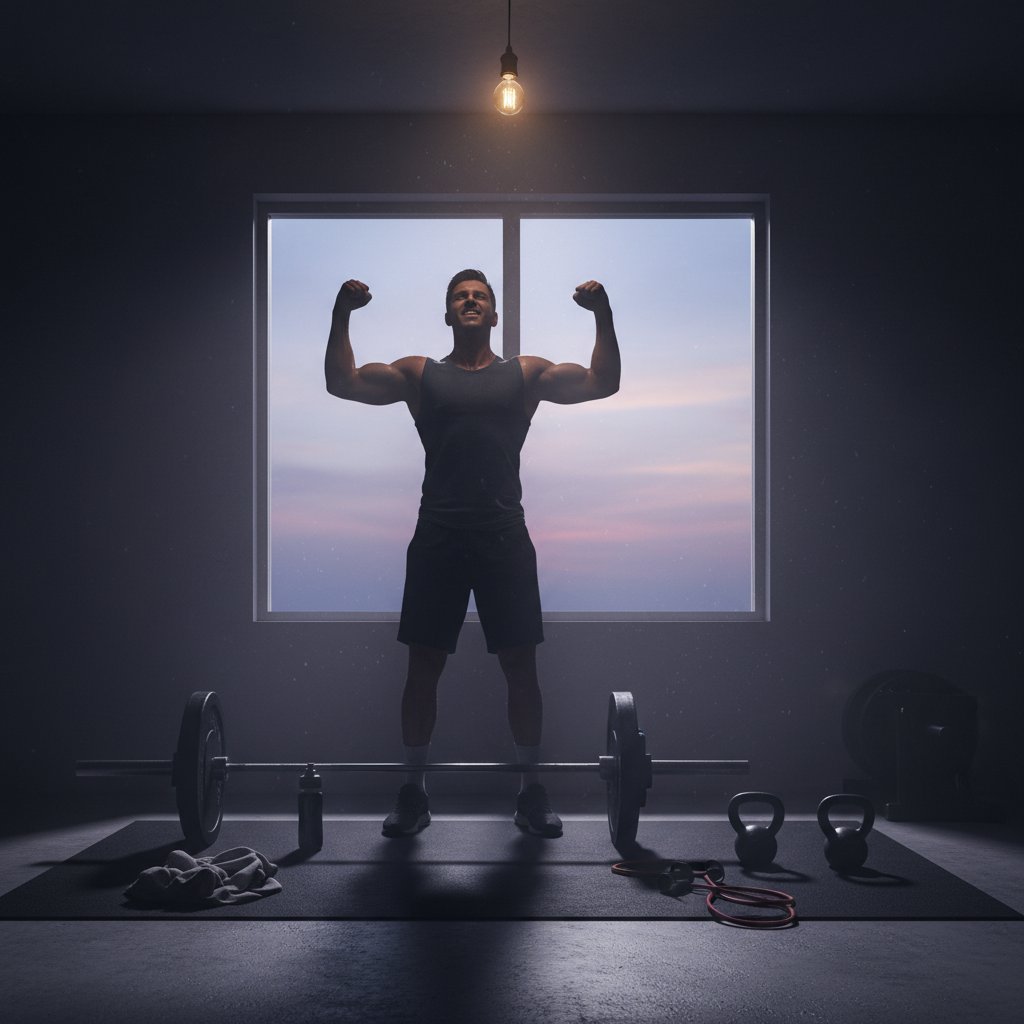 Osoba po udanym treningu, domowe otoczenie, triumfalna poza, nastrojowe światło