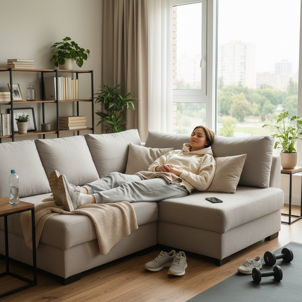 Osoba odpoczywająca na kanapie po intensywnym treningu