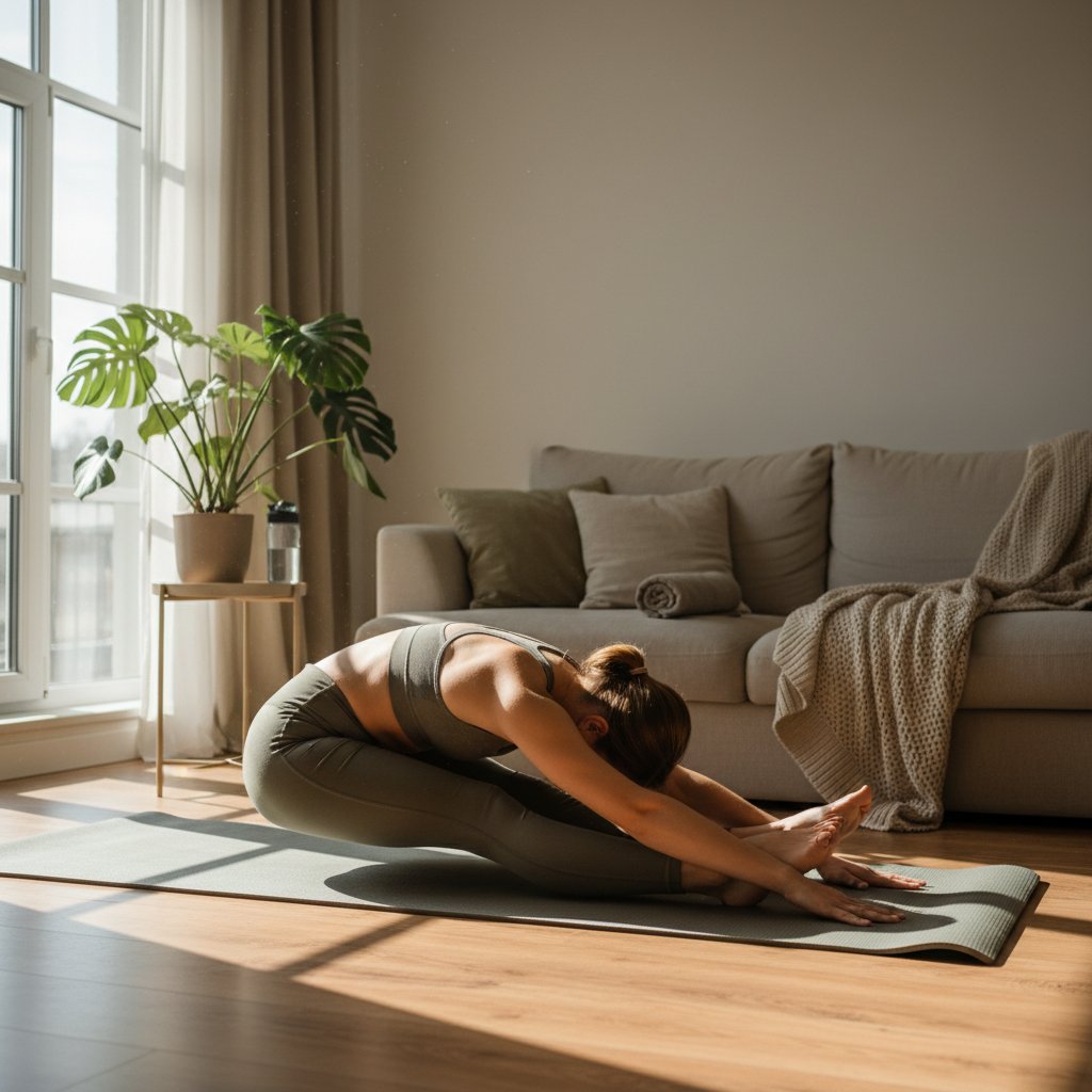 Osoba rozciągająca się po krótkim treningu w domu, relaksująca atmosfera, bez sprzętu