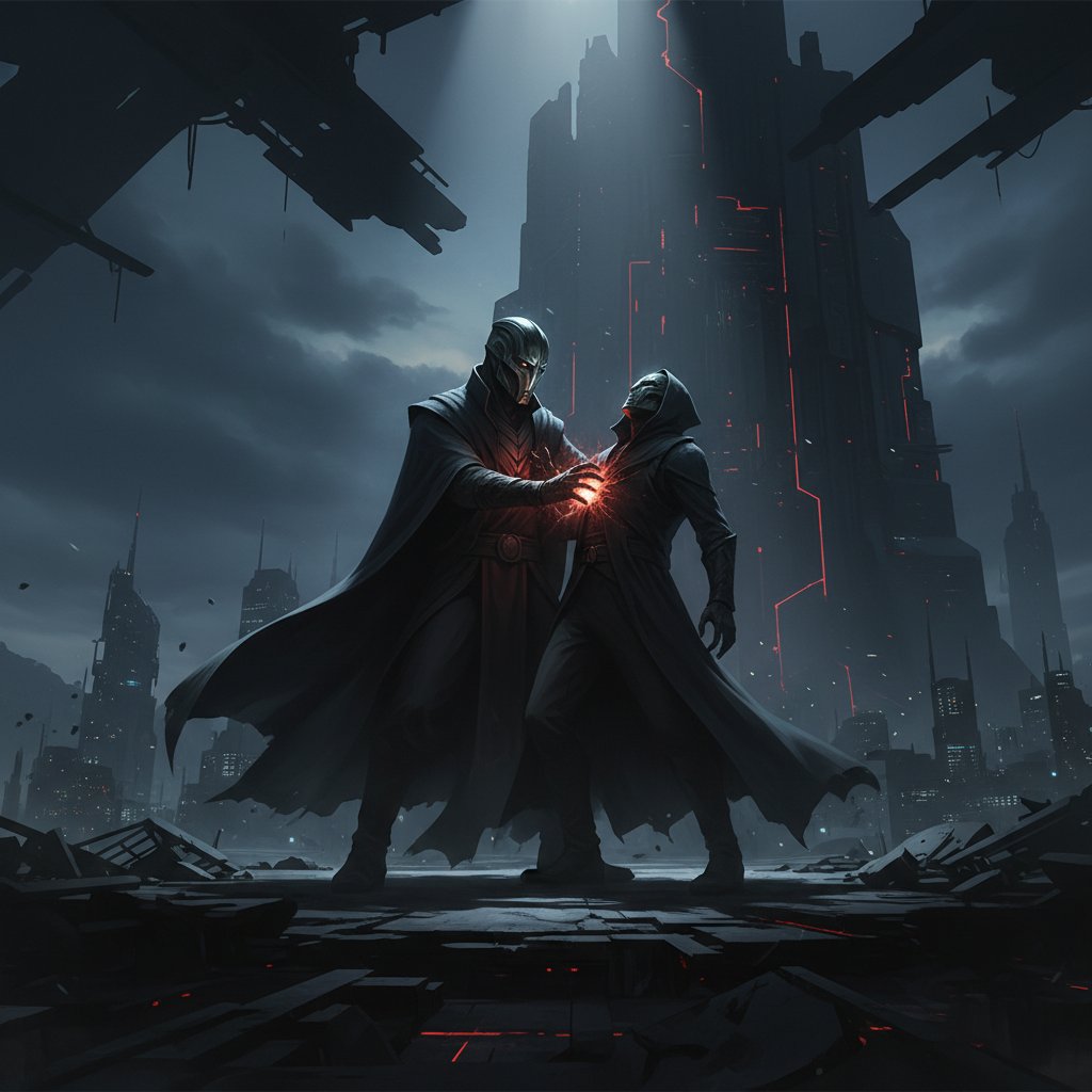 Symbolic visual metaphor of power struggle in film, with intense shadows and psychological tension, reflecting dominance themes in movies