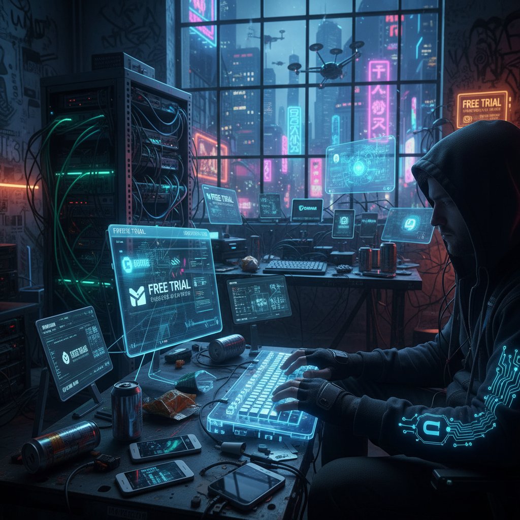 Power user managing multiple free trials, urban hacker with devices and post-it notes