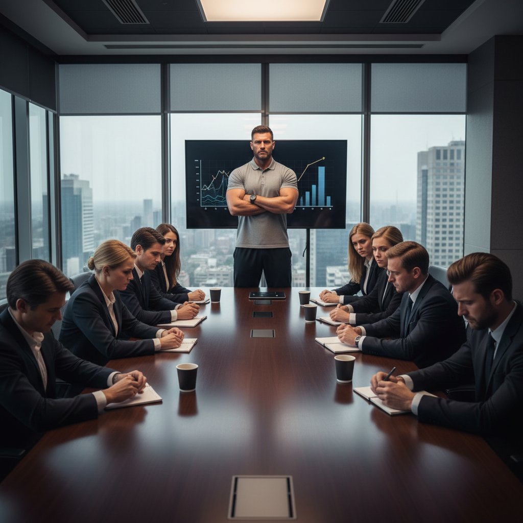 Grupa osób na sali konferencyjnej, w centrum coach narzucający swoje zdanie, osoby w tle wyraźnie niekomfortowe – ciemna strona coachingu