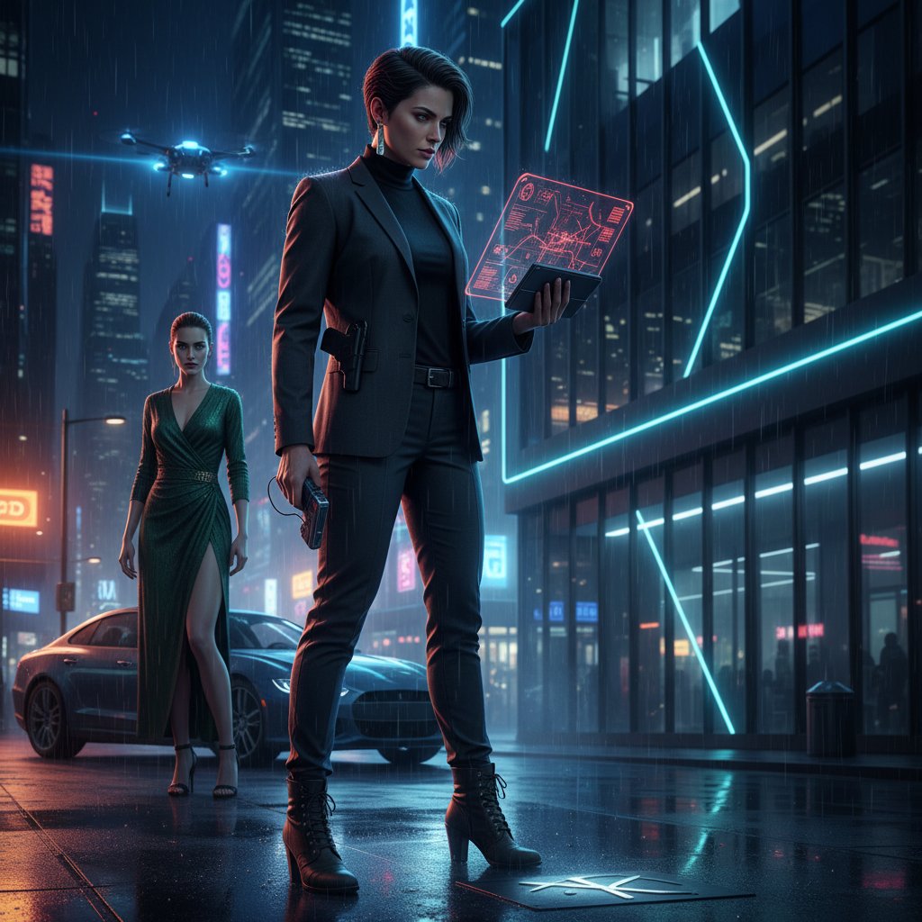 Confident female detective subverting classic femme fatale imagery, holding evidence and leading an investigation