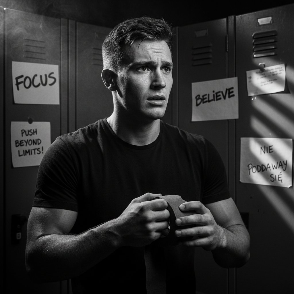 Portret sportowca w szatni z subtelnymi oznakami niepokoju, wykorzystanie terapii behawioralnej