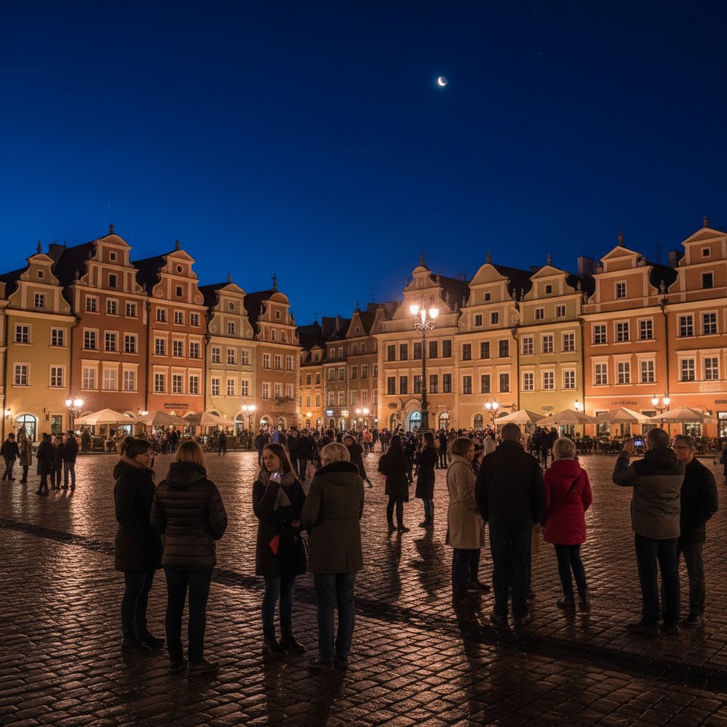 Stare Miasto w Poznaniu nocą, gwar turystów, zabytkowe kamienice