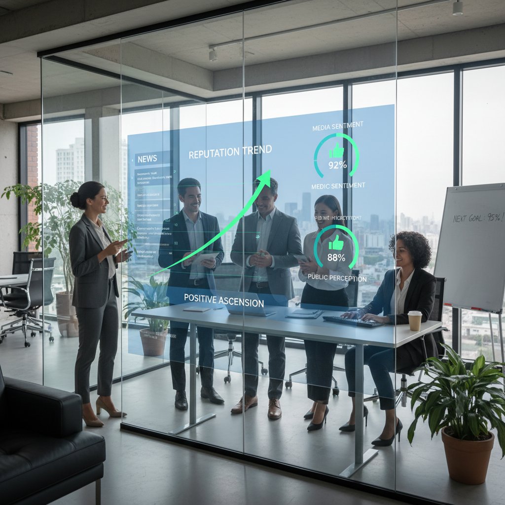 Zespół PR analizujący dashboard AI, na ekranie pozytywne trendy reputacyjne firmy
