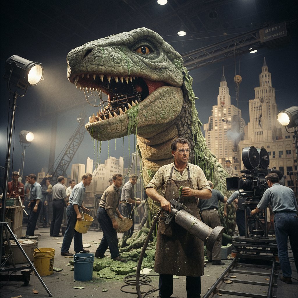 A special effects artist applies prosthetics to an actor, highlighting the tactile artistry of practical monster effects