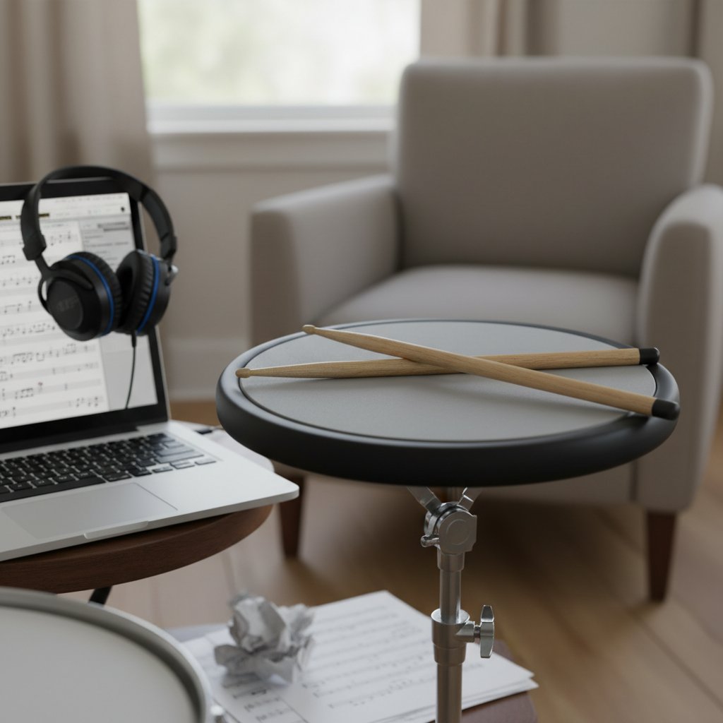 Podstawowy sprzęt do nauki perkusji online: pad, pałki i laptop, słowa kluczowe: perkusja online, sprzęt minimalny