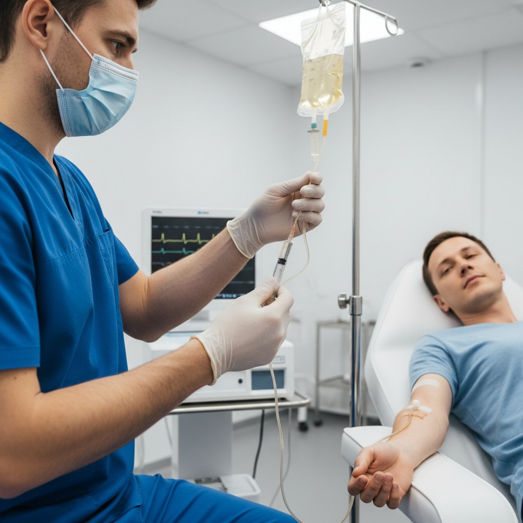 Zabieg ozonoterapii w trakcie, lekarz podaje ozon pacjentowi, kliniczne wnętrze, skupienie