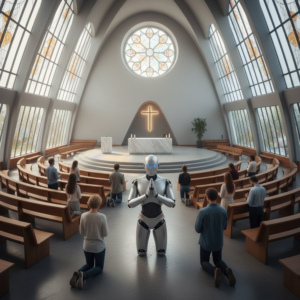Robot modlący się w nowoczesnym kościele, symbol spotkania AI i religii