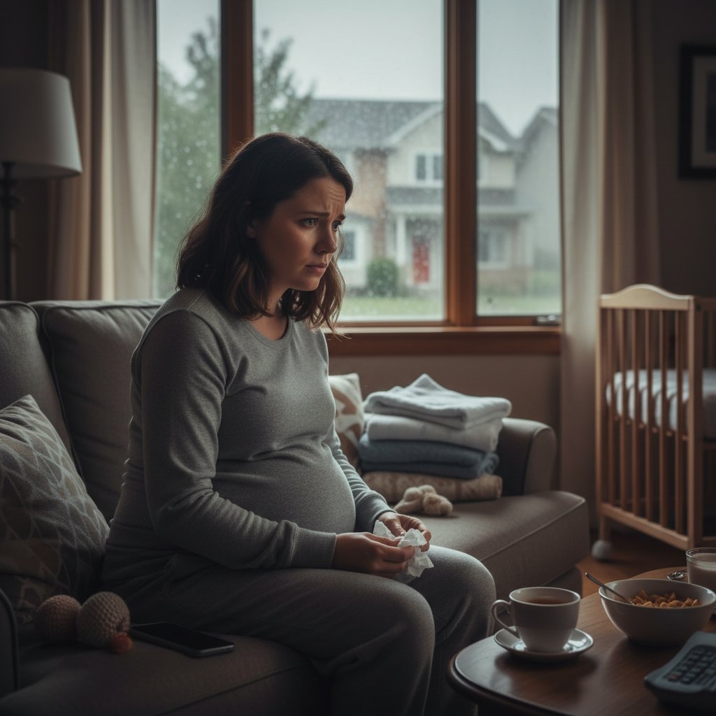 Kobieta w ciąży zamyślona, samotna w domu, temat cukrzyca ciążowa a psychika