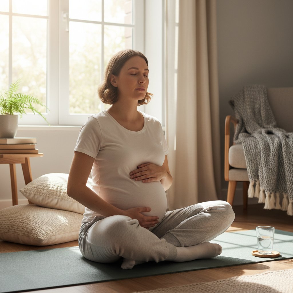 Zdjęcie kobiety w ciąży wykonującej ćwiczenia oddechowe w domowym zaciszu