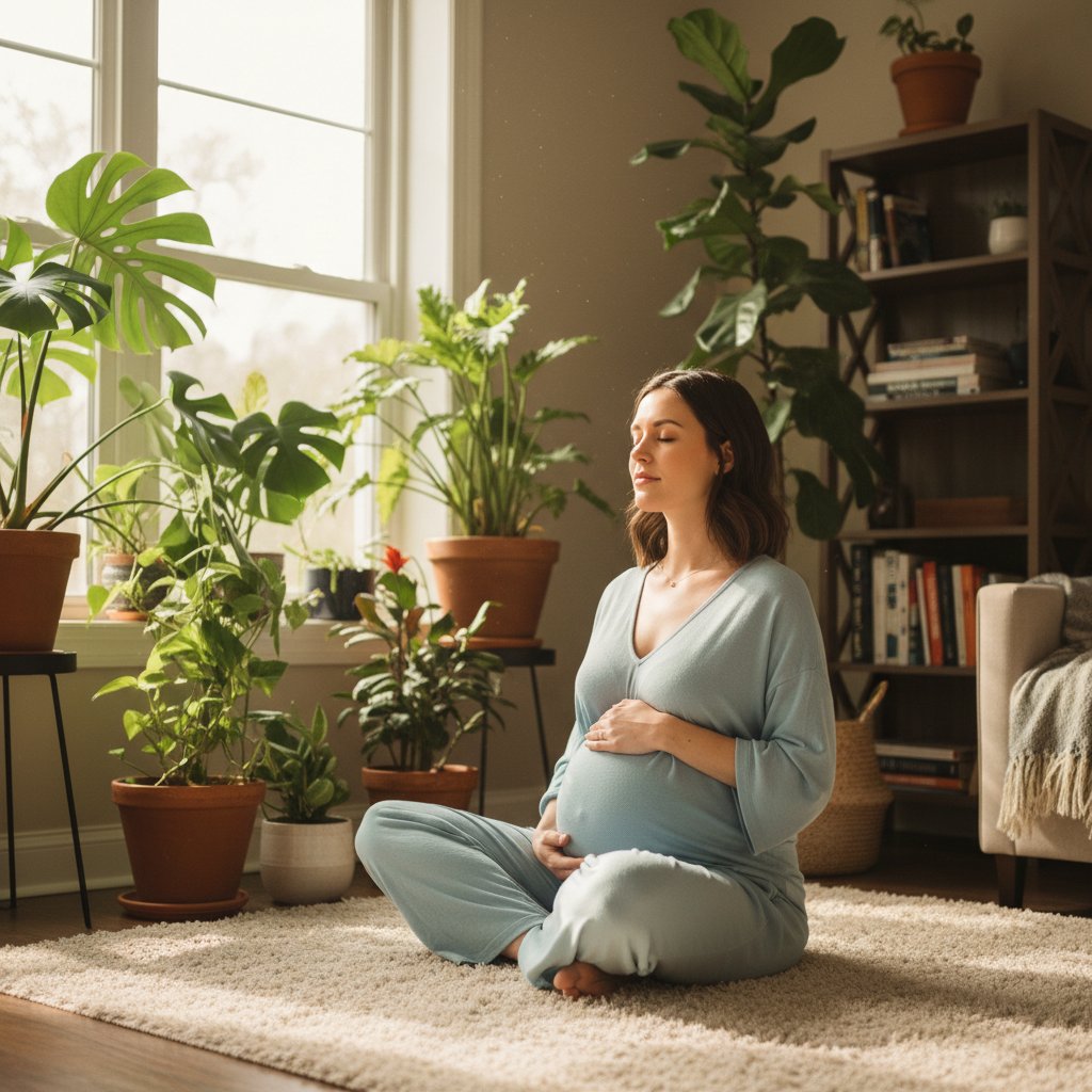 Kobieta w ciąży ćwiczy oddech w domu, spokój i koncentracja