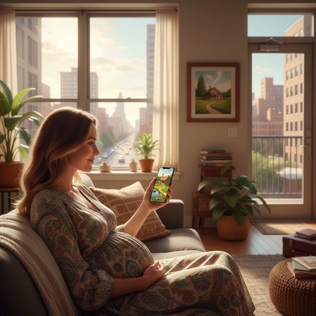 Ciężarne kobiety z Warszawy i wsi, każda używa smartfona – kontrastujące wnętrza mieszkań