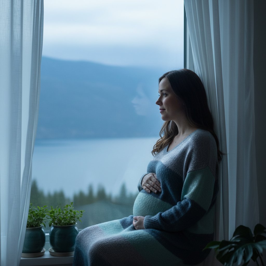 Ciąża i zespół antyfosfolipidowy – kobieta w ciąży w zamyśleniu, chłodne tony.