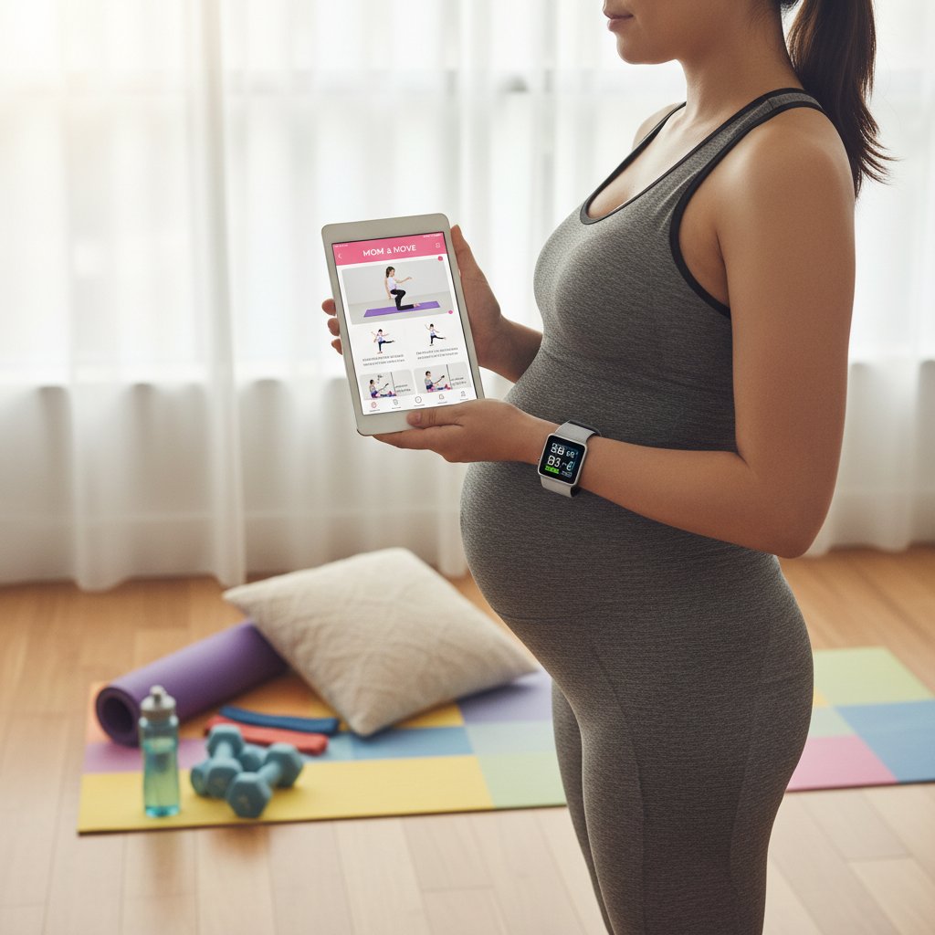 Kobieta w ciąży korzystająca z opaski fitness i aplikacji mobilnej podczas treningu domowego