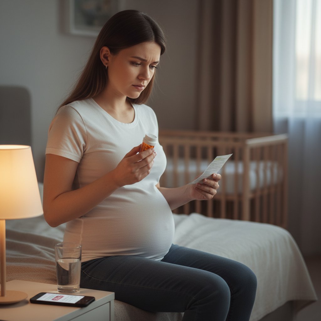 Kobieta w ciąży patrząca na opakowanie leku z niepokojem – symbol długoterminowego ryzyka karbamazepiny