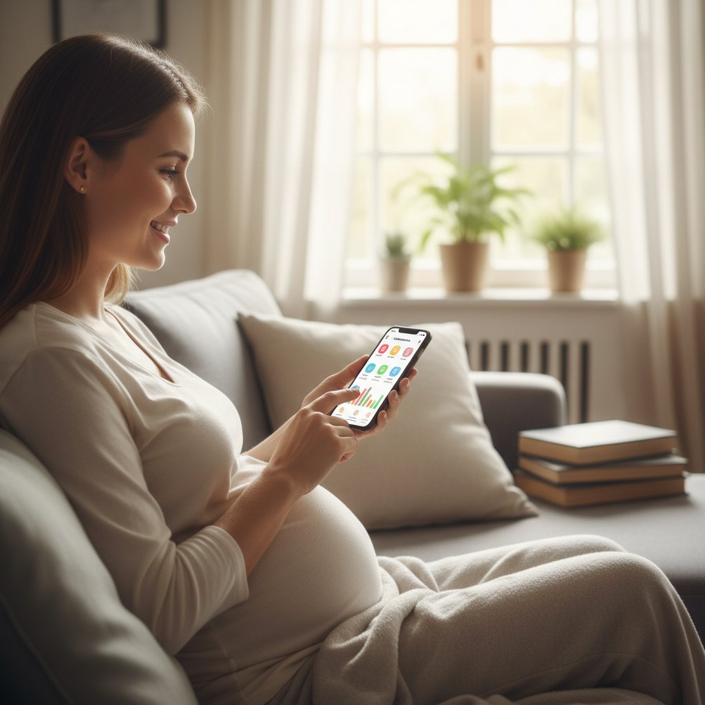 Kobieta w ciąży korzystająca z aplikacji na smartfonie, domowa scena