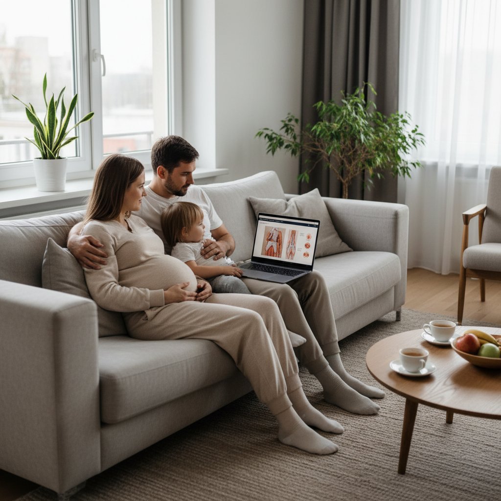 Kobieta w ciąży i partner podczas zajęć online na laptopie, nowoczesne mieszkanie, relaksująca atmosfera