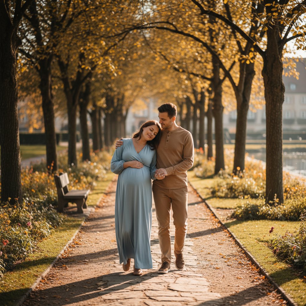 Mężczyzna wspierający partnerkę w ciąży, trzymający ją za rękę podczas spaceru