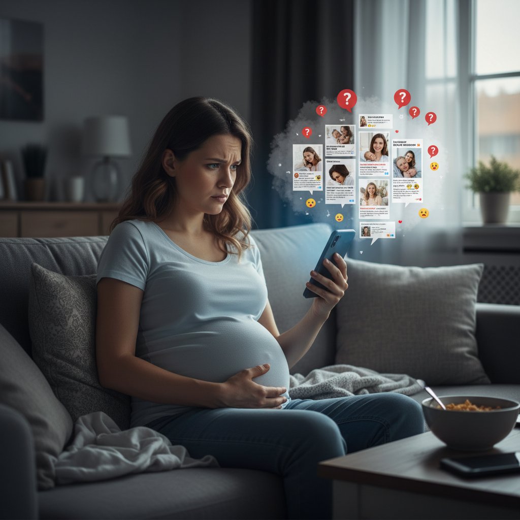 Zdjęcie kobiety w ciąży z telefonem, przeglądającej social media, z widocznym niepokojem