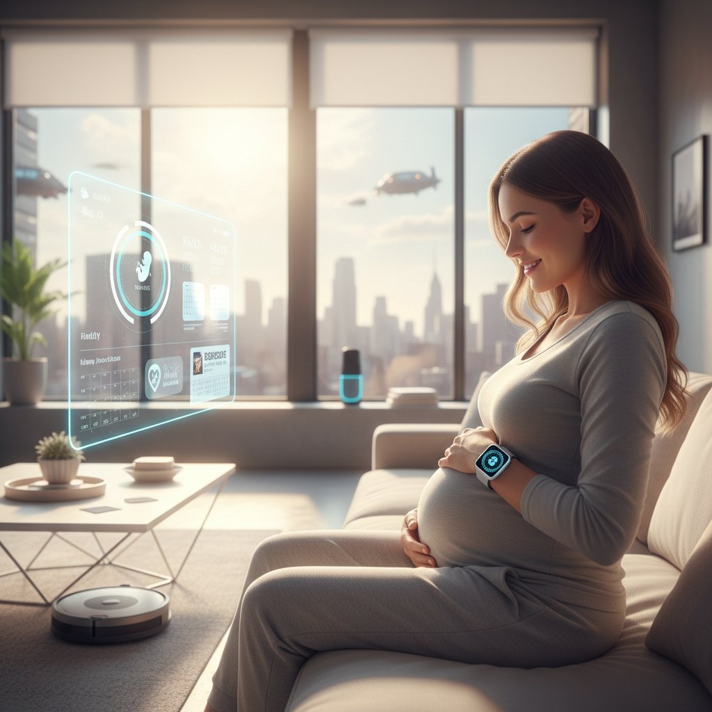 Młoda kobieta w ciąży korzysta z aplikacji na smartwatchu, domowe otoczenie, nowoczesna technologia