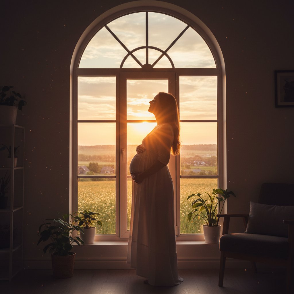 Kobieta w ciąży o poranku patrzy z nadzieją w przyszłość