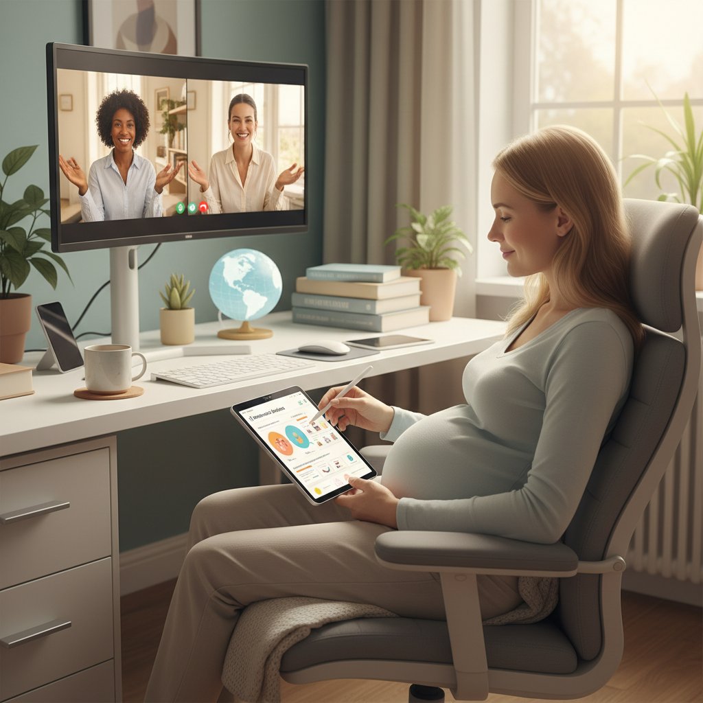 Nowoczesna opieka nad kobietą w ciąży, edukacja, technologia, kobieta z telefonem