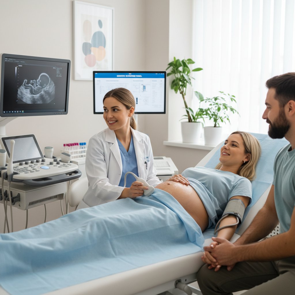 Ciężarna kobieta w klinice patrzy na zdjęcie ultrasonograficzne na monitorze, lekarz tłumaczy badania genetyczne